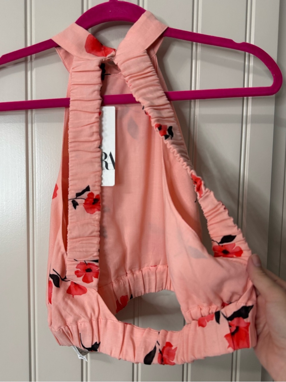 NEW w TAGS 🏷️ ZARA Open Back, Coral Pink Floral Halter Crop Top (Women’s Medium) - Picture 8 of 10
